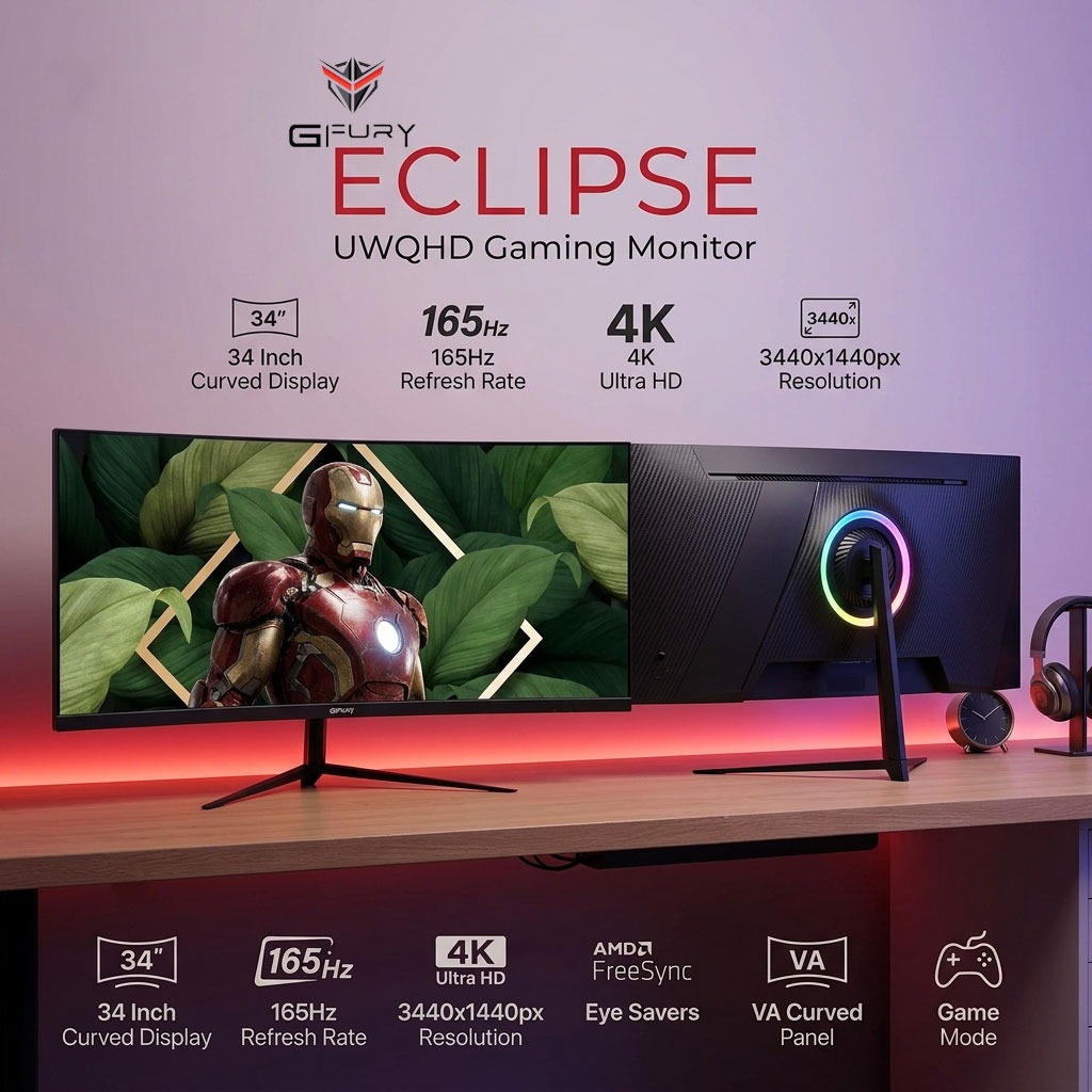 GFury GF-34 Eclipse 34″ 2K+ Curved 165Hz Gaming LED Monitor