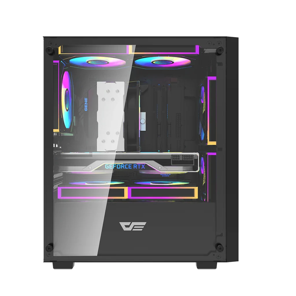Darkflash pc gear Darkflash M305 (Black) Compact Micro-ATX with 3 ARGB Fans and 1-Side Tempered Glass & 7 Fan Support Gaming PC Case front view