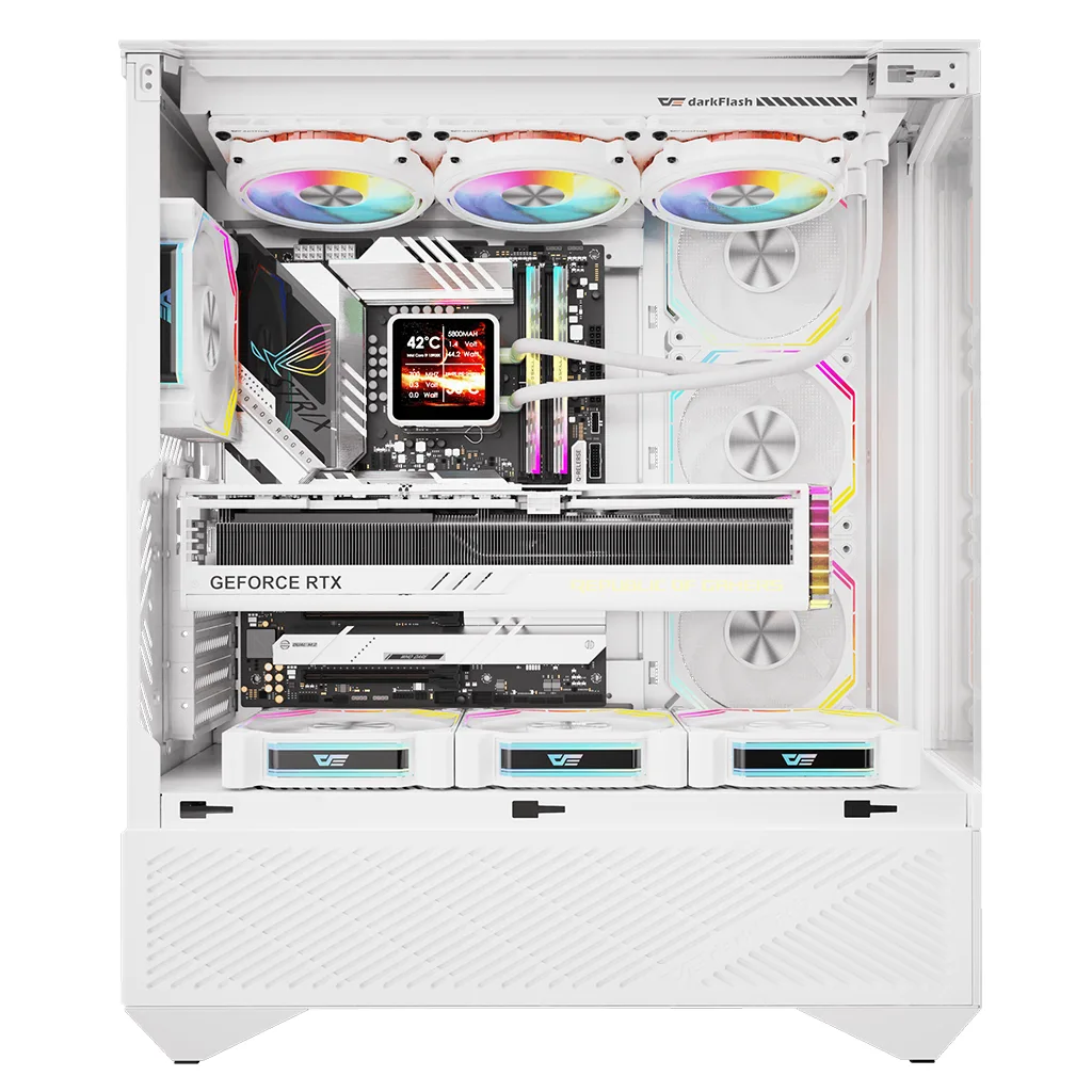 Darkflash pc gear Darkflash DY460 (White) with Compact 3-Sided Tempered Glass ATX PC Case front view