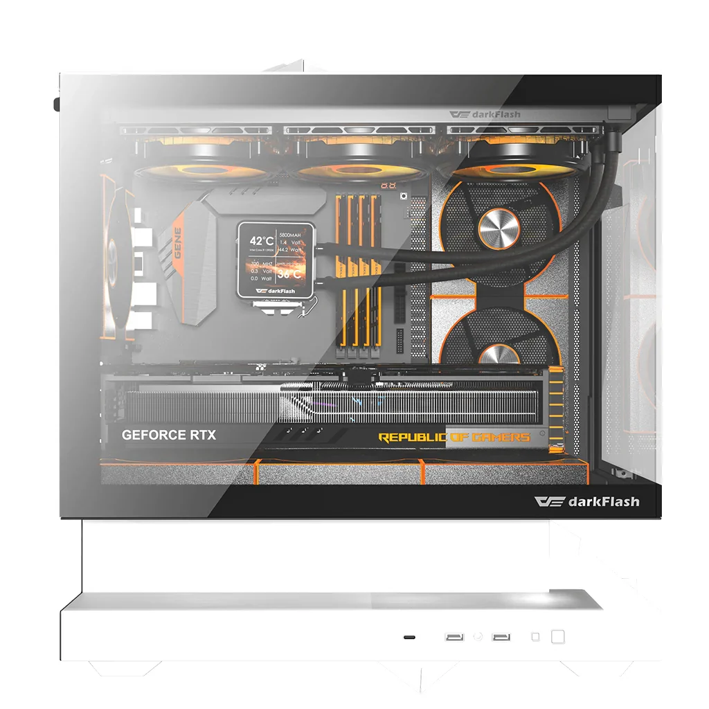 Darkflash pc gear Darkflash Floatron F1 M-ATX (White) Floating Extended Base with Panoramic Glass & up 11 ARGB Fans Pc Case front view