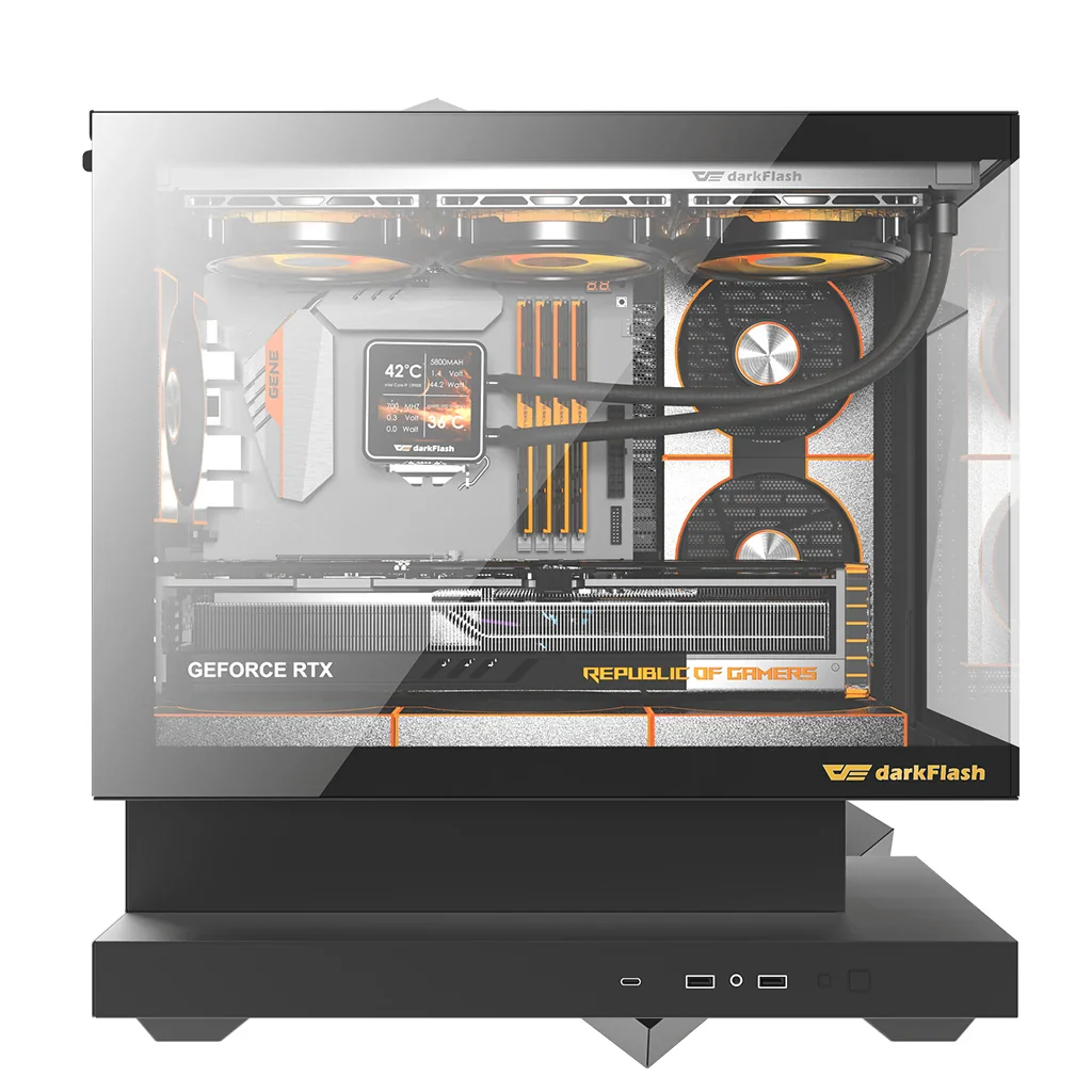 Darkflash pc gear Darkflash Floatron F1 M-ATX (Black) Floating Extended Base with Panoramic Glass & up 11 ARGB Fans Pc Case front view