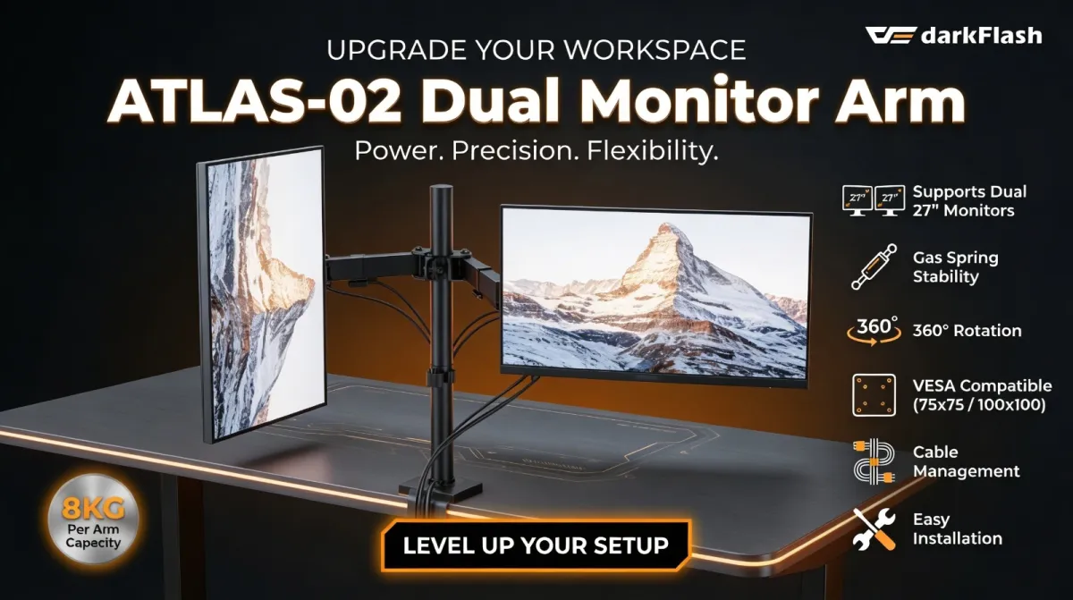 Buy Darkflash ATLAS-02 (Black) 27” Max | 8KG Per Arm | Adjustable Desk Mount Dual Monitor Arm online in Pakistan at WaddaGamer