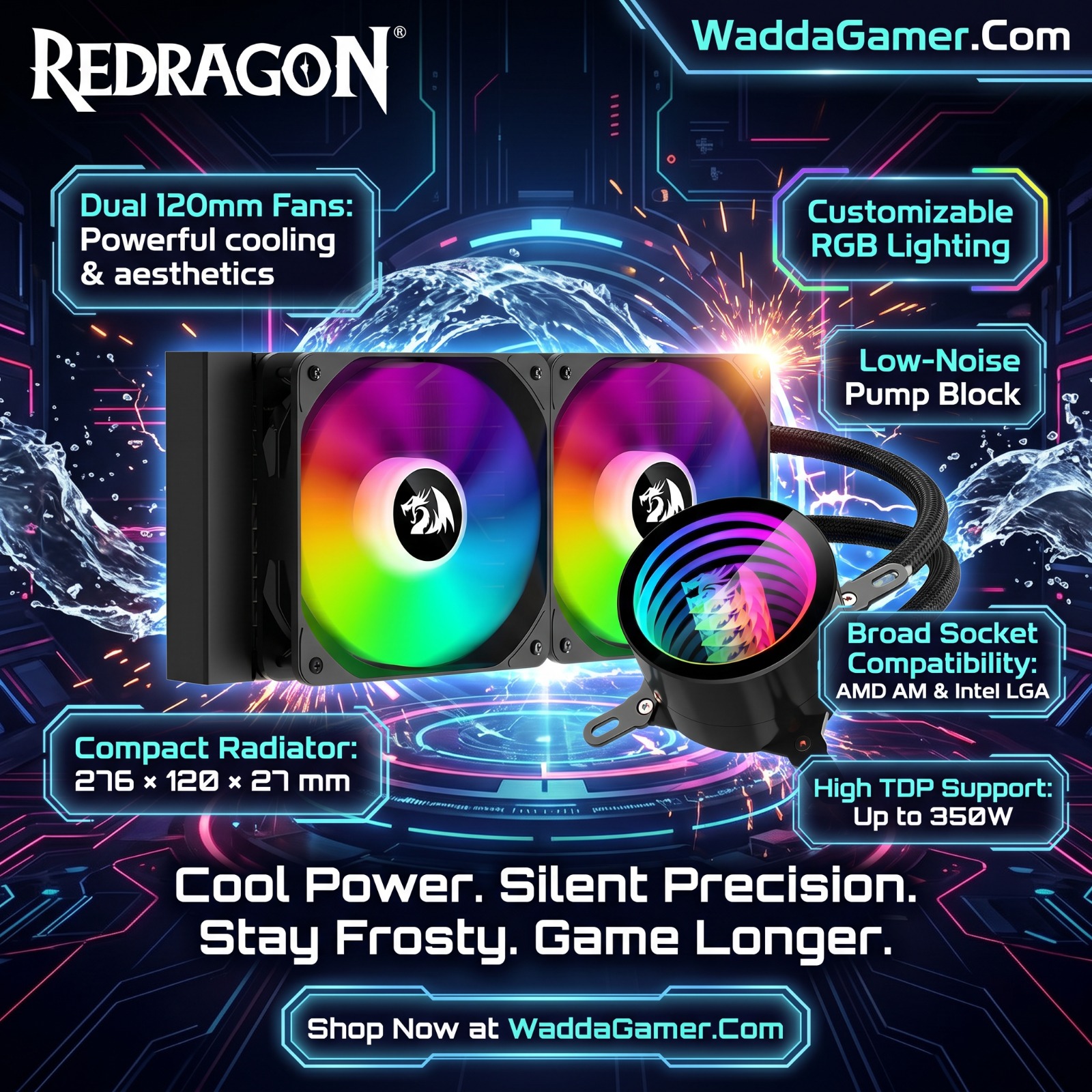 Redragon pc gear Redragon CCW-3011 Black Liquid CPU Cooler front view