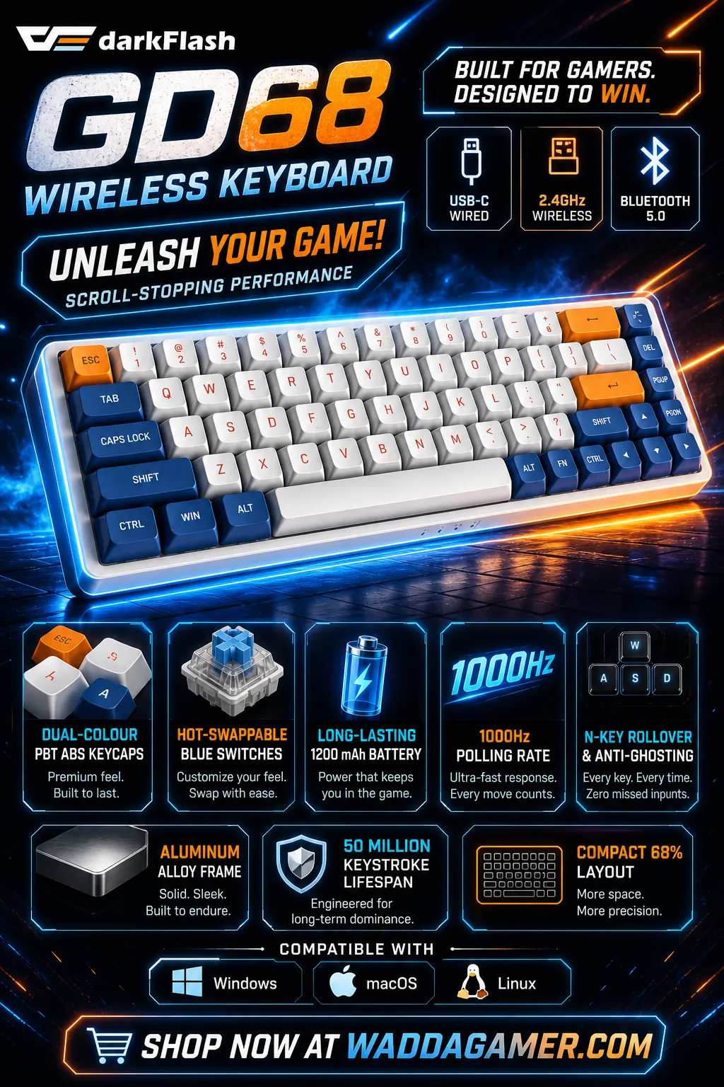 Darkflash GD68 (White, Blue & Orange) Hot-Swappable Wireless 60% Mechanical Keyboard price in Pakistan product image