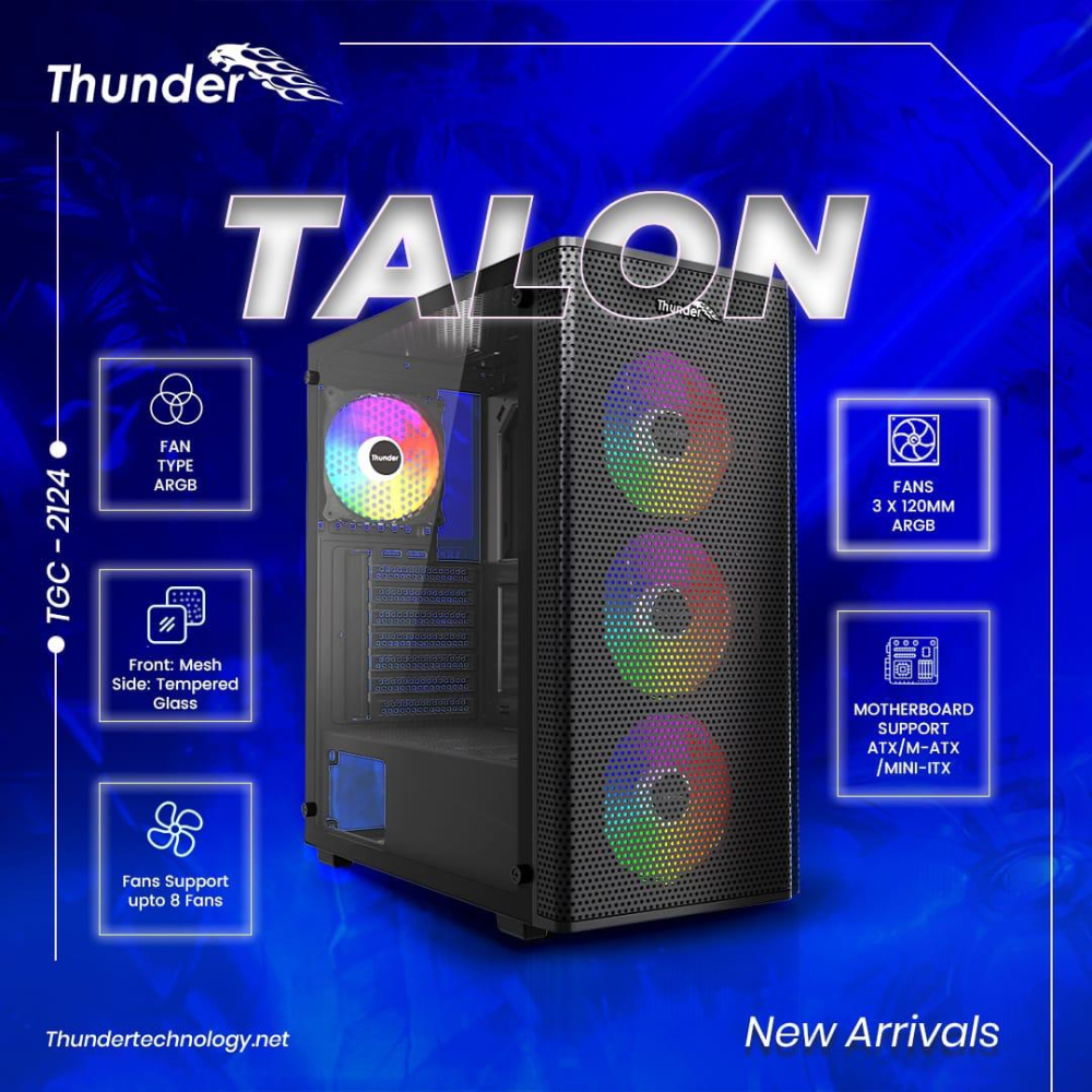 Thunder Talon TGC-2124 ATX (Black with ARGB) Front Mesh 3x ARGB Fans Pre-Installed PC Case price in Pakistan product image