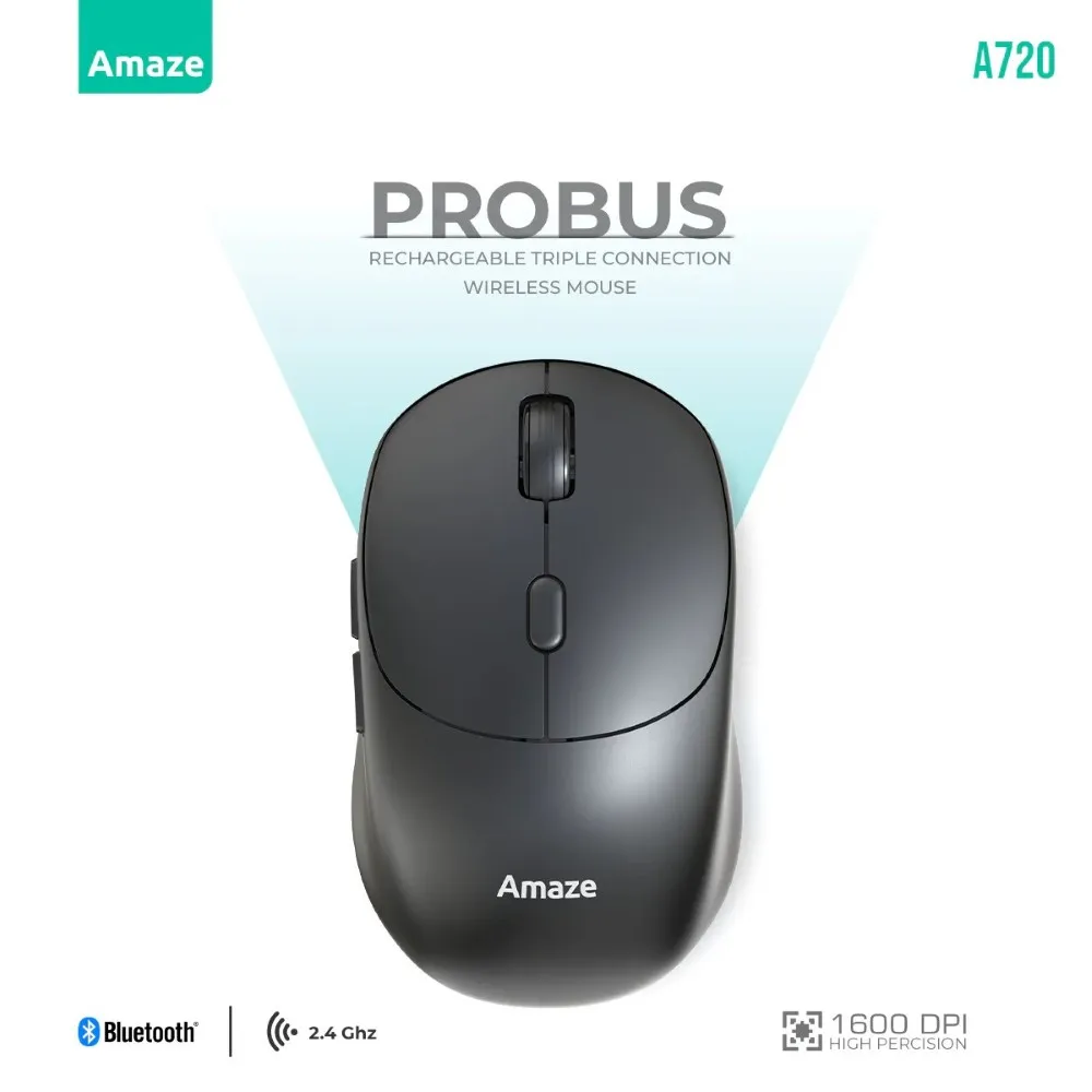 Amaze A720 Probus (Black) Triple Connection Rechargeable Wireless Mouse price in Pakistan product image