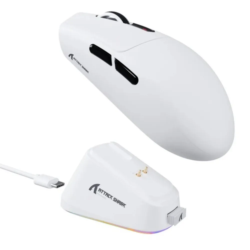 Attack Shark pc gear Attack Shark G3 PRO (White) Tri-Mode Wireless Gaming Mouse with Charging Dock front view