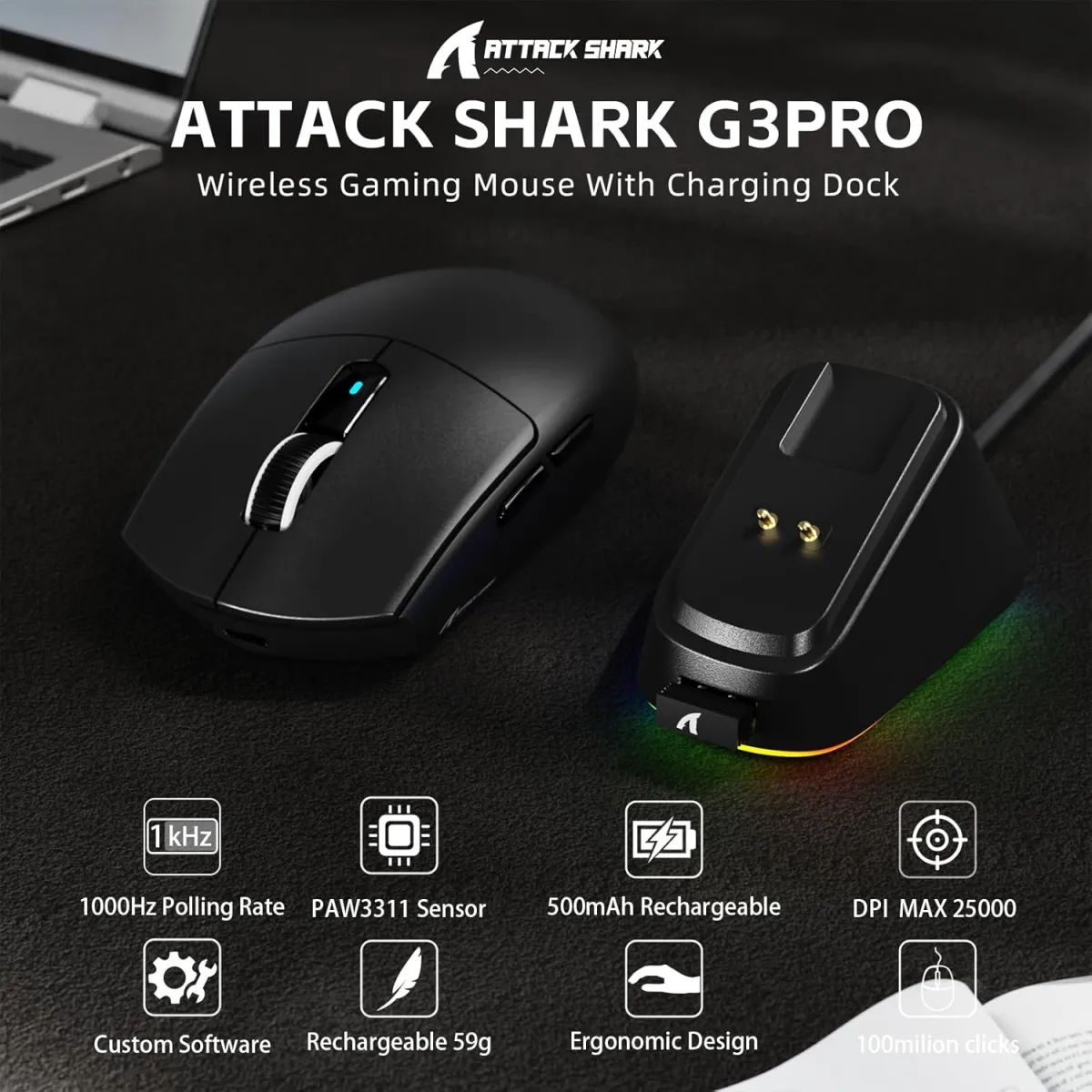Attack Shark G3 PRO (Black) Tri-Mode Wireless Gaming Mouse with Charging Dock price in Pakistan product image