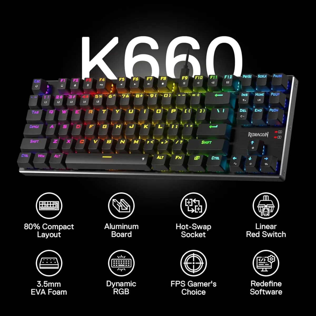 Redragon K660 DHARMA TKL (Black with RGB) Mechanical Keyboard price in Pakistan product image