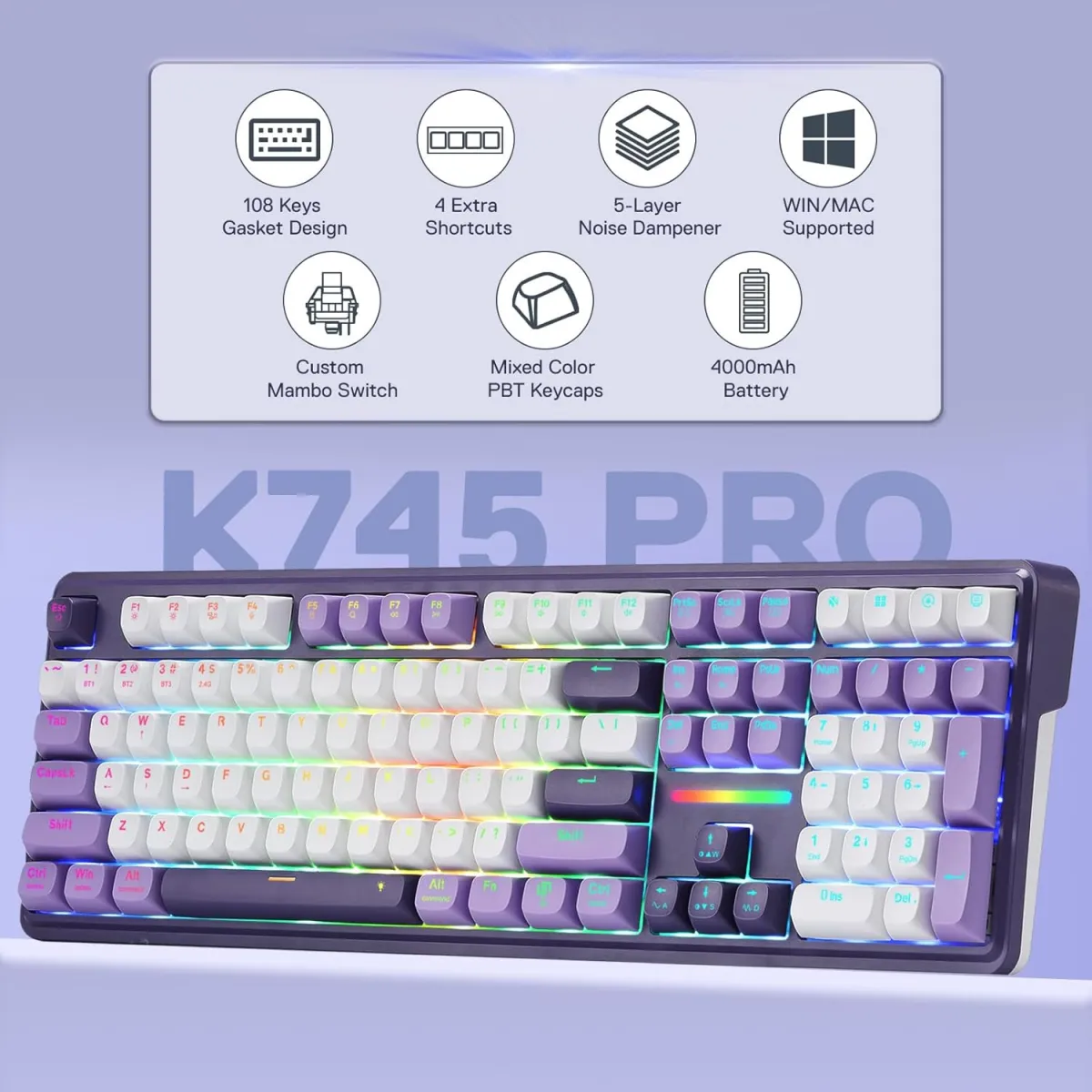 Buy Redragon K745 Antonium PRO (White & Charming Purple with Gasket RGB) Wireless Gaming Keyboard online in Pakistan at WaddaGamer