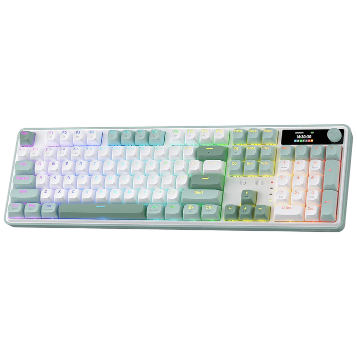 Redragon pc gear Redragon K761 Wyvern LCD Pro (White & Jade Cloud Green with RGB) Wireless Gasket Gaming Keyboard front view