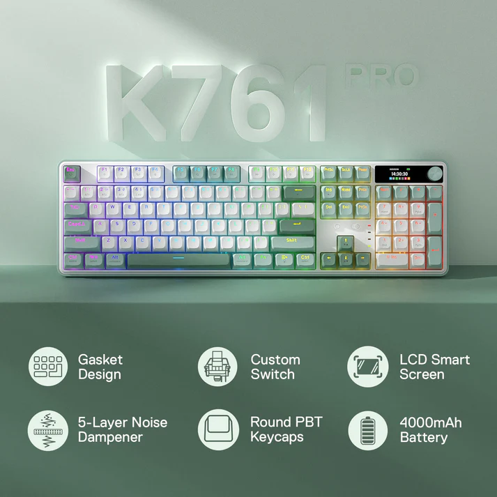 Redragon K761 Wyvern LCD Pro (White & Jade Cloud Green with RGB) Wireless Gasket Gaming Keyboard price in Pakistan product image