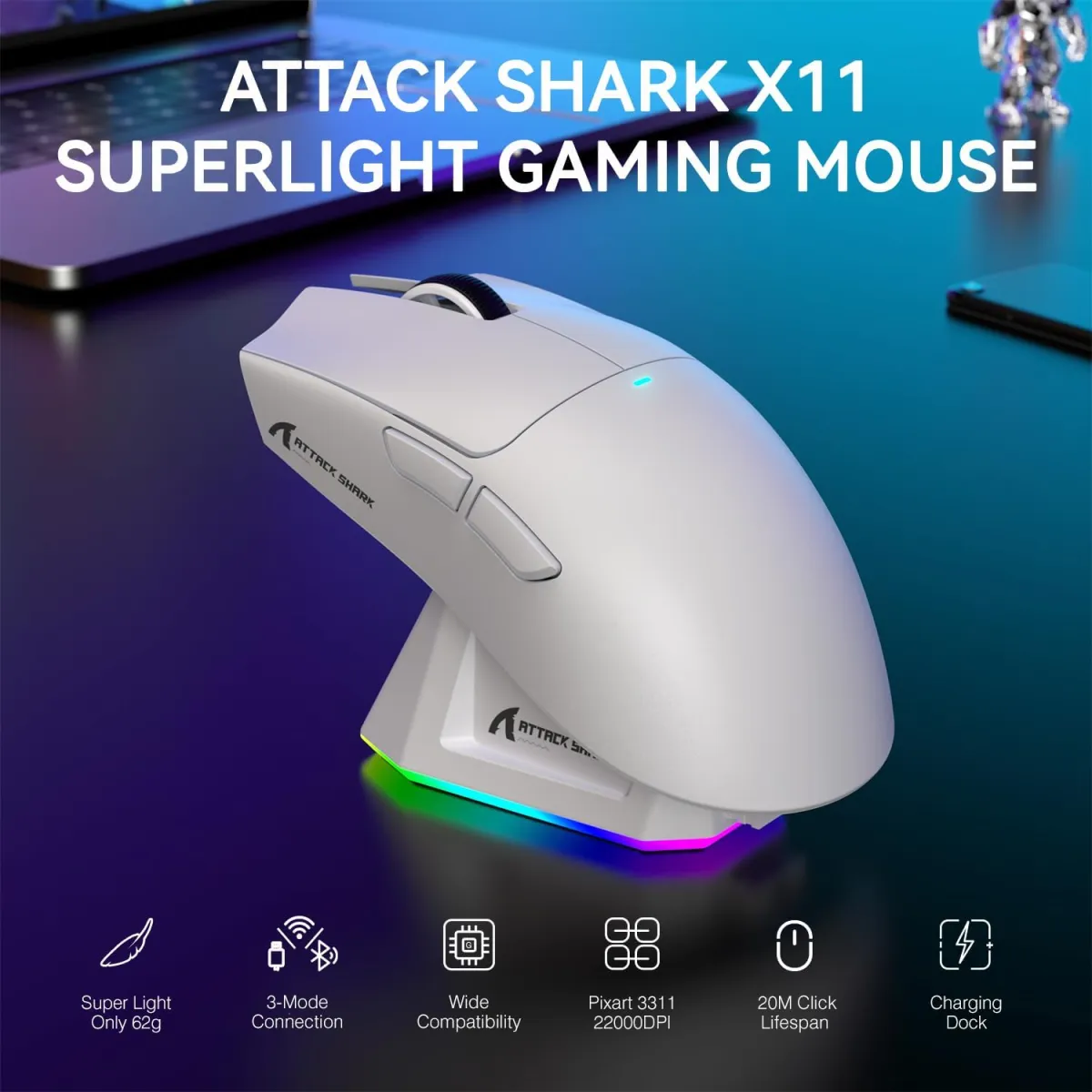 Attack Shark pc gear Attack Shark X11 (White) Wireless Gaming Mouse with Charging Dock front view