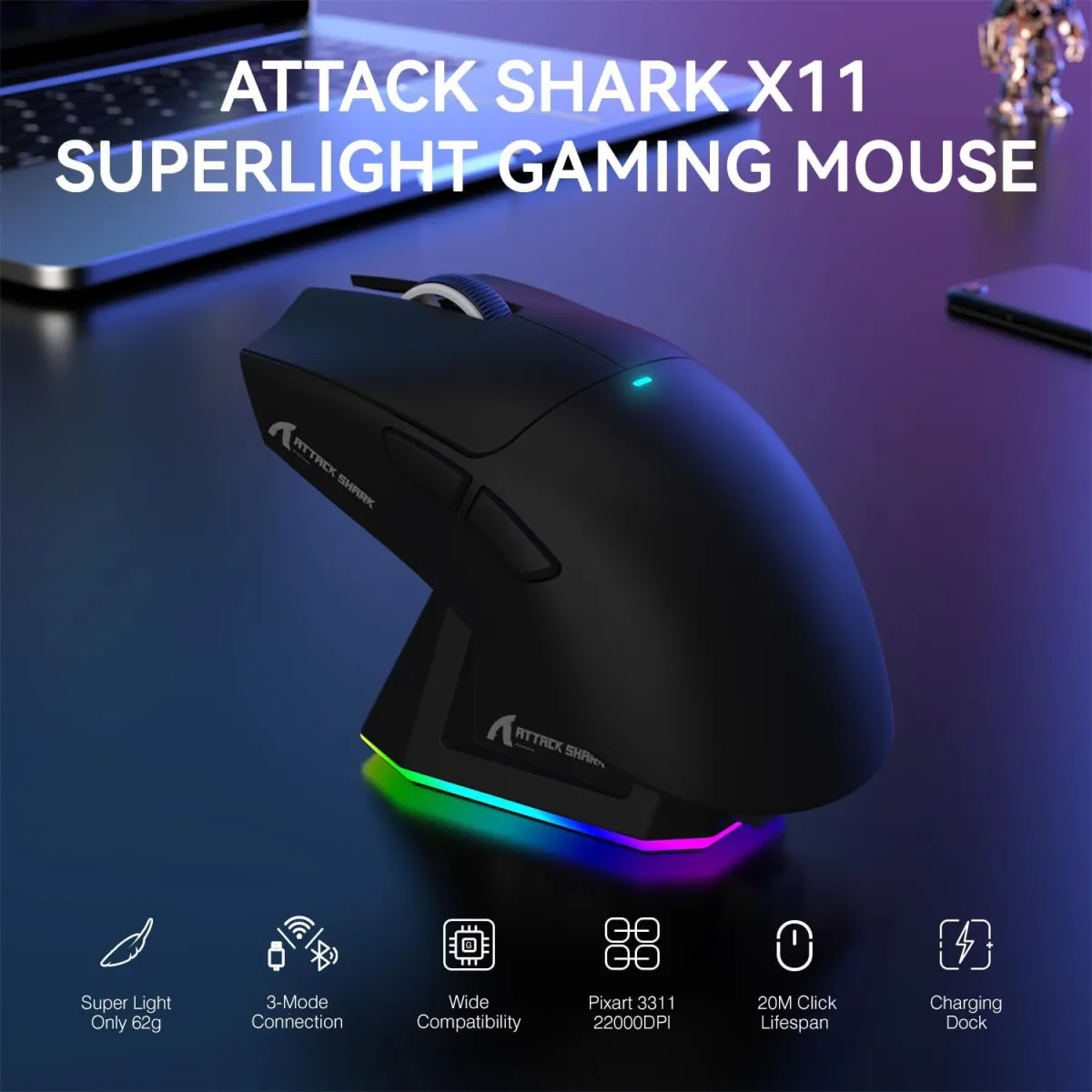 Attack Shark X11 (Black) Wireless Gaming Mouse with Charging Dock price in Pakistan product image