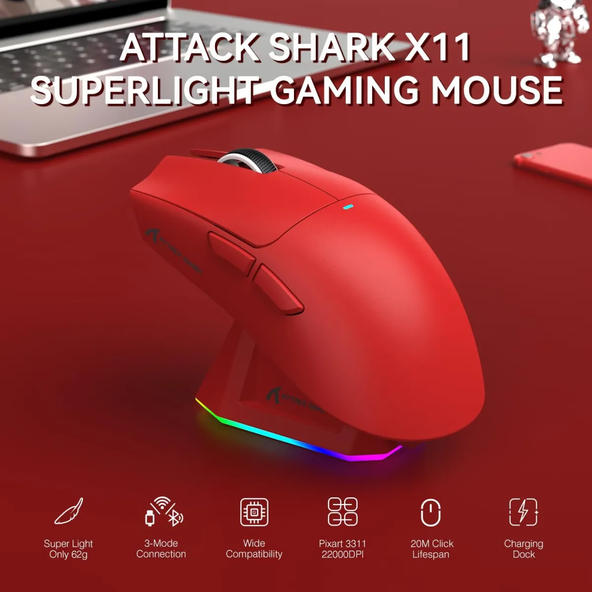 Attack Shark X11 (Red) Wireless Gaming Mouse with Charging Dock price in Pakistan product image