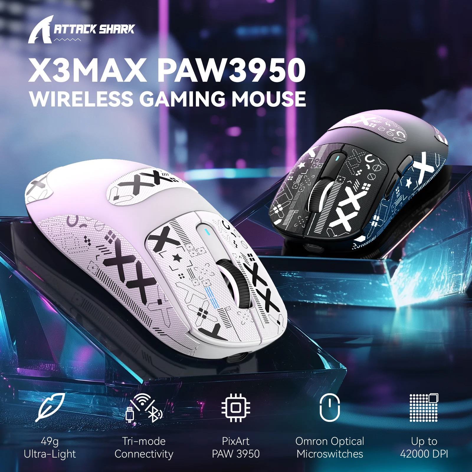 Attack Shark X3 Max PAW3950 (Matt Black with Anti Slip-Sticker) Wireless Gaming Mouse price in Pakistan product image