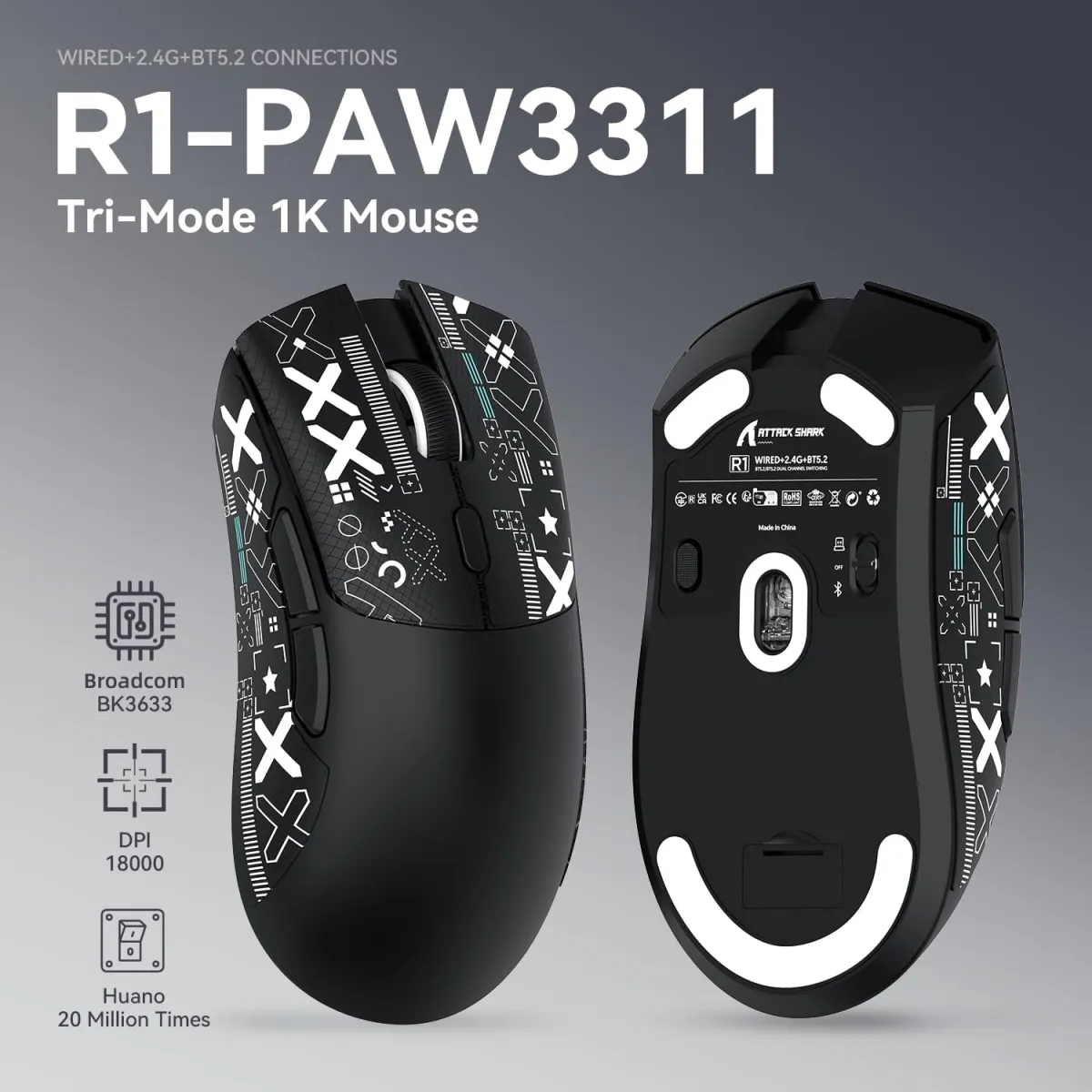 Attack Shark R1 (Black with Grip Tape) Wireless Gaming Mouse price in Pakistan product image