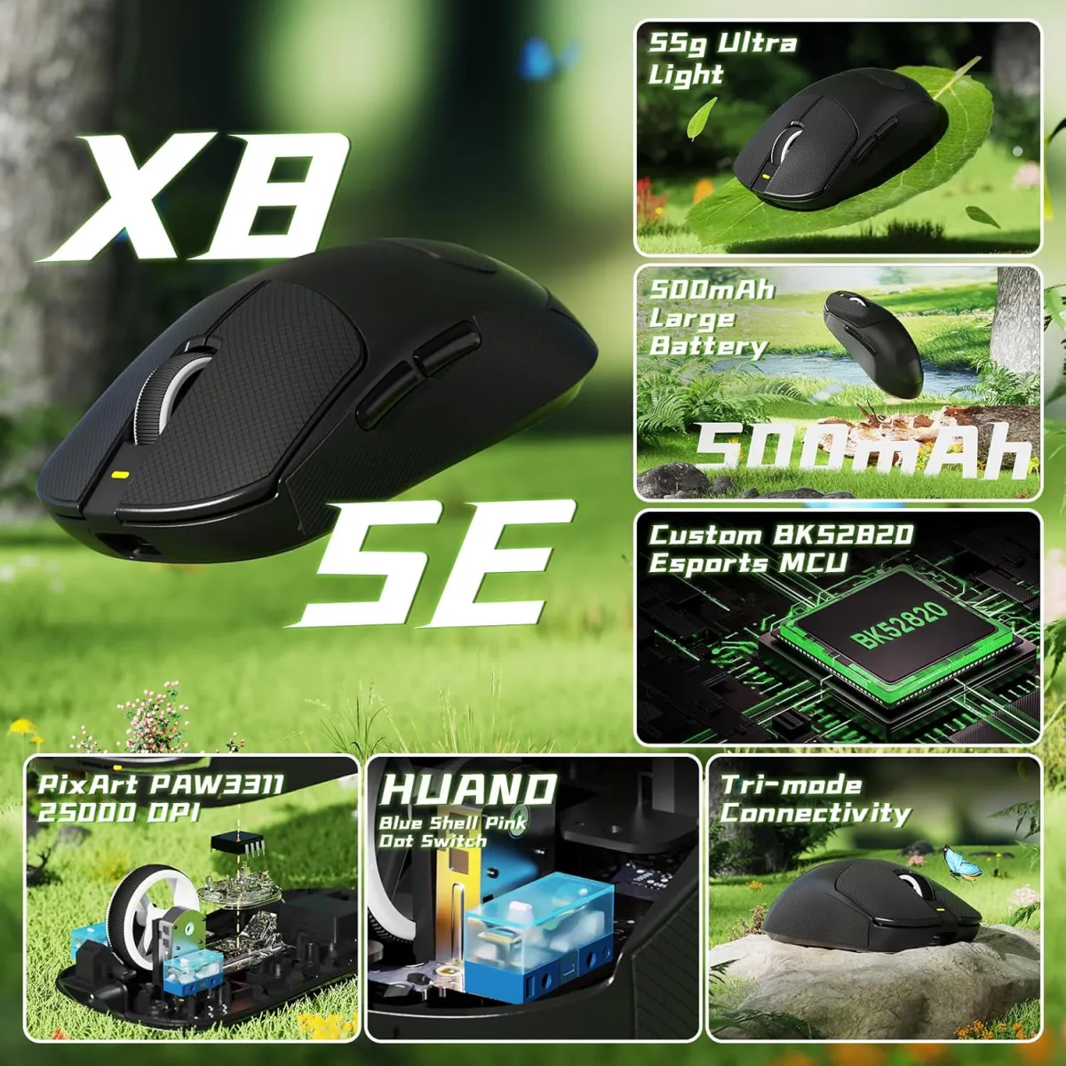 Attack Shark X8 SE (Black with Tape) PixArt PAW3311 Sensor Wireless Gaming Mouse price in Pakistan product image