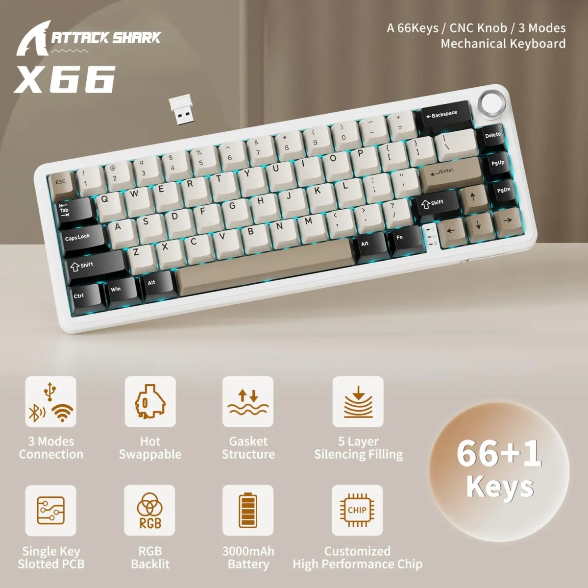 Attack Shark X66 (White Cheese with RGB) Wireless Gasket Mechanical Keyboard price in Pakistan product image