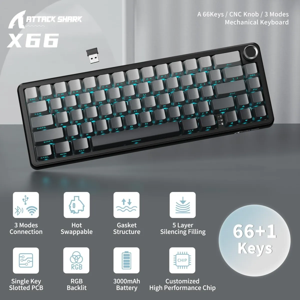 Attack Shark X66 (Moonlight/Gradient Black with RGB) Wireless Gasket Mechanical Keyboard price in Pakistan product image