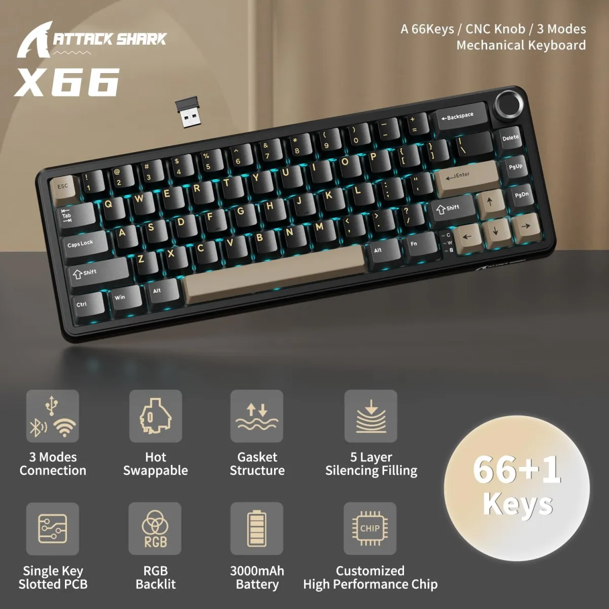Attack Shark X66 (Star Black / Starry Black with RGB) Wireless Gasket Mechanical Keyboard price in Pakistan product image