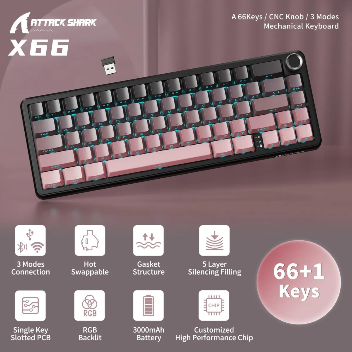 Attack Shark X66 (Blackberry / Pink with RGB) Wireless Gasket Mechanical Keyboard price in Pakistan product image
