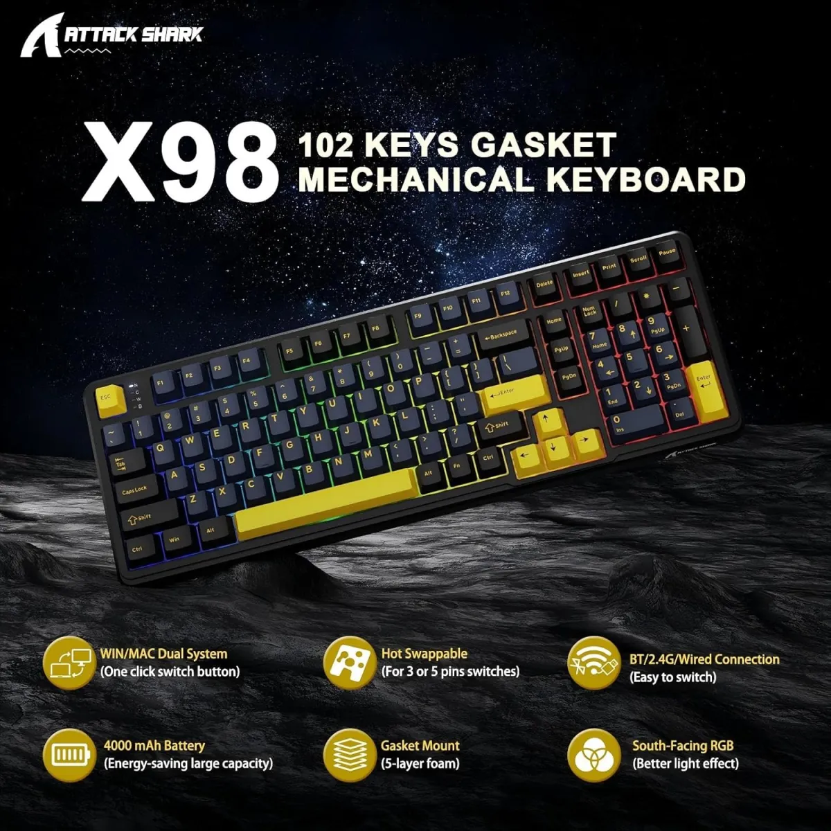 Attack Shark X98 (Black / Starry Black) Wireless Gasket Mechanical Keyboard price in Pakistan product image