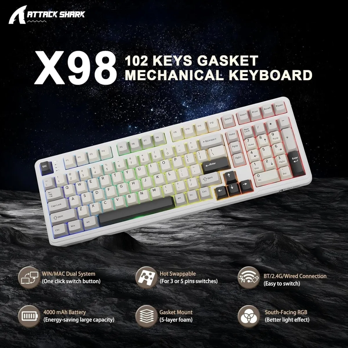 Attack Shark X98 (White / Starlight White) Wireless Gasket Mechanical Keyboard price in Pakistan product image