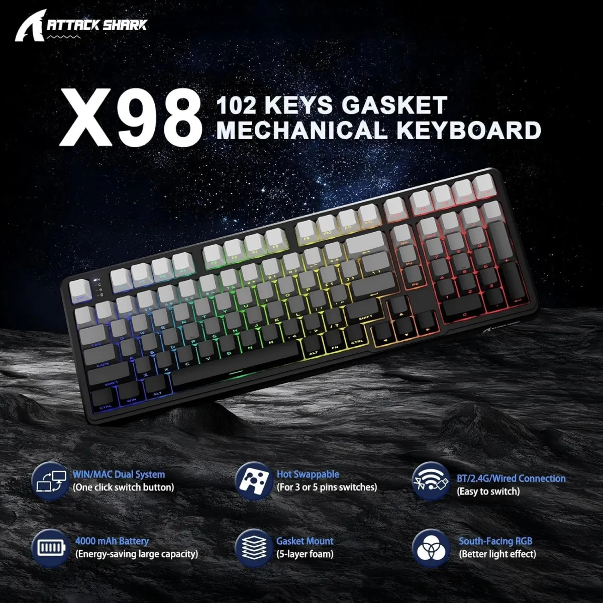 Attack Shark X98 (Moonlight / Black Gradient) Wireless Gasket Mechanical Keyboard price in Pakistan product image