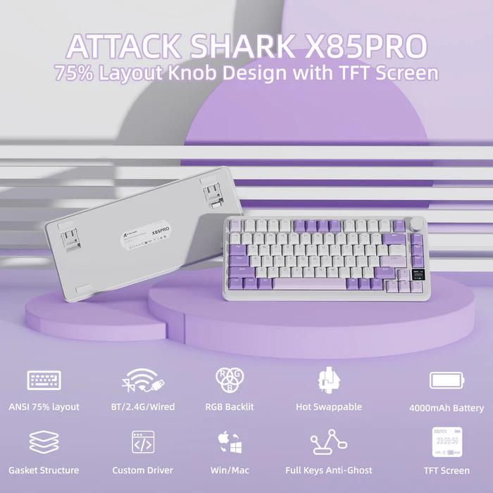 Attack Shark X85 Pro (White Lavender) 75% Wireless Mechanical & Gaming Keyboard price in Pakistan product image