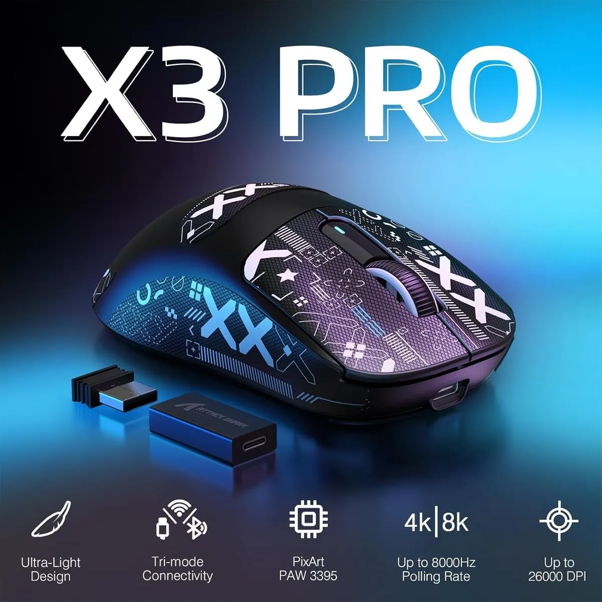 Attack Shark X3 Pro 4K/8K (Black with Grip Sticker) Wireless Gaming Mouse price in Pakistan product image