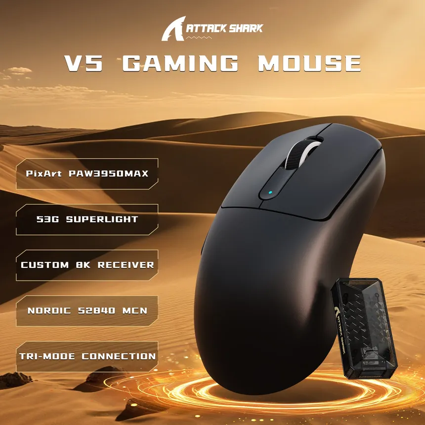 Attack Shark V5 (Black) Ultra-Light Tri-Mode Gaming Mouse price in Pakistan product image