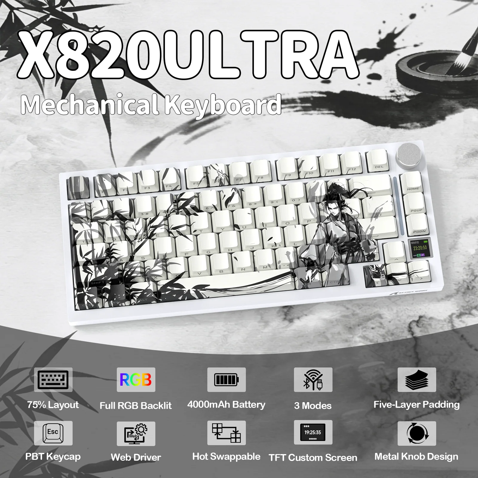 Attack Shark X820 (White SAMURAI with RGB) Ultra Tri-mode Gasket Gaming Keyboard price in Pakistan product image