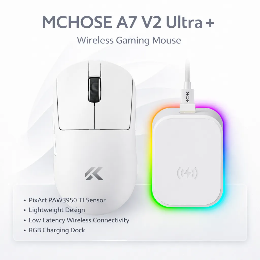 MCHOSE A7 V2 Ultra+ (White) Lightweight with PixArt PAW3950 TI Sensor Wireless Gaming Mouse price in Pakistan product image