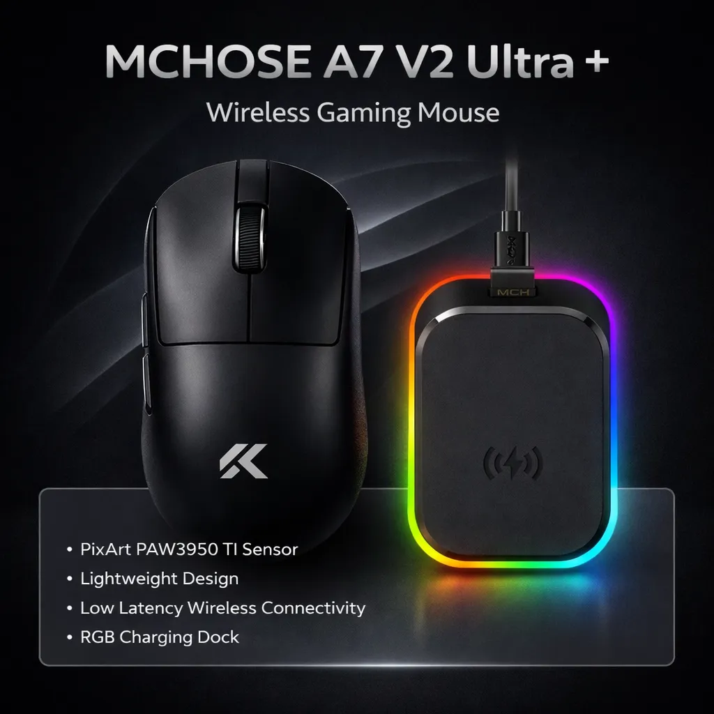 MCHOSE A7 V2 Ultra+ (Black) Lightweight with PixArt PAW3950 TI Sensor Wireless Gaming Mouse price in Pakistan product image