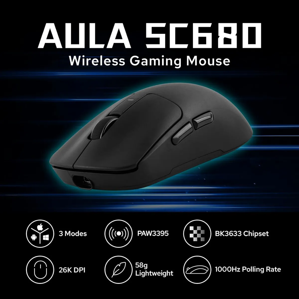 AULA SC680 (Black) 58g Ultra-Lightweight Tri-Mode Wireless Gaming Mouse price in Pakistan product image