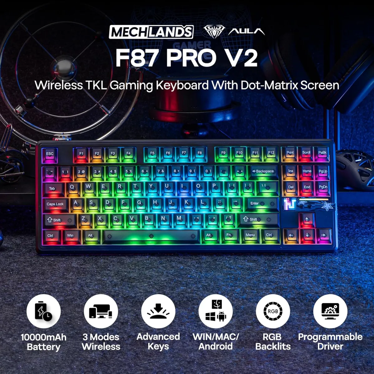 AULA F87 Pro V2 TKL Gasket (Black with RGB) Mounted Wireless Gaming Keyboard price in Pakistan product image