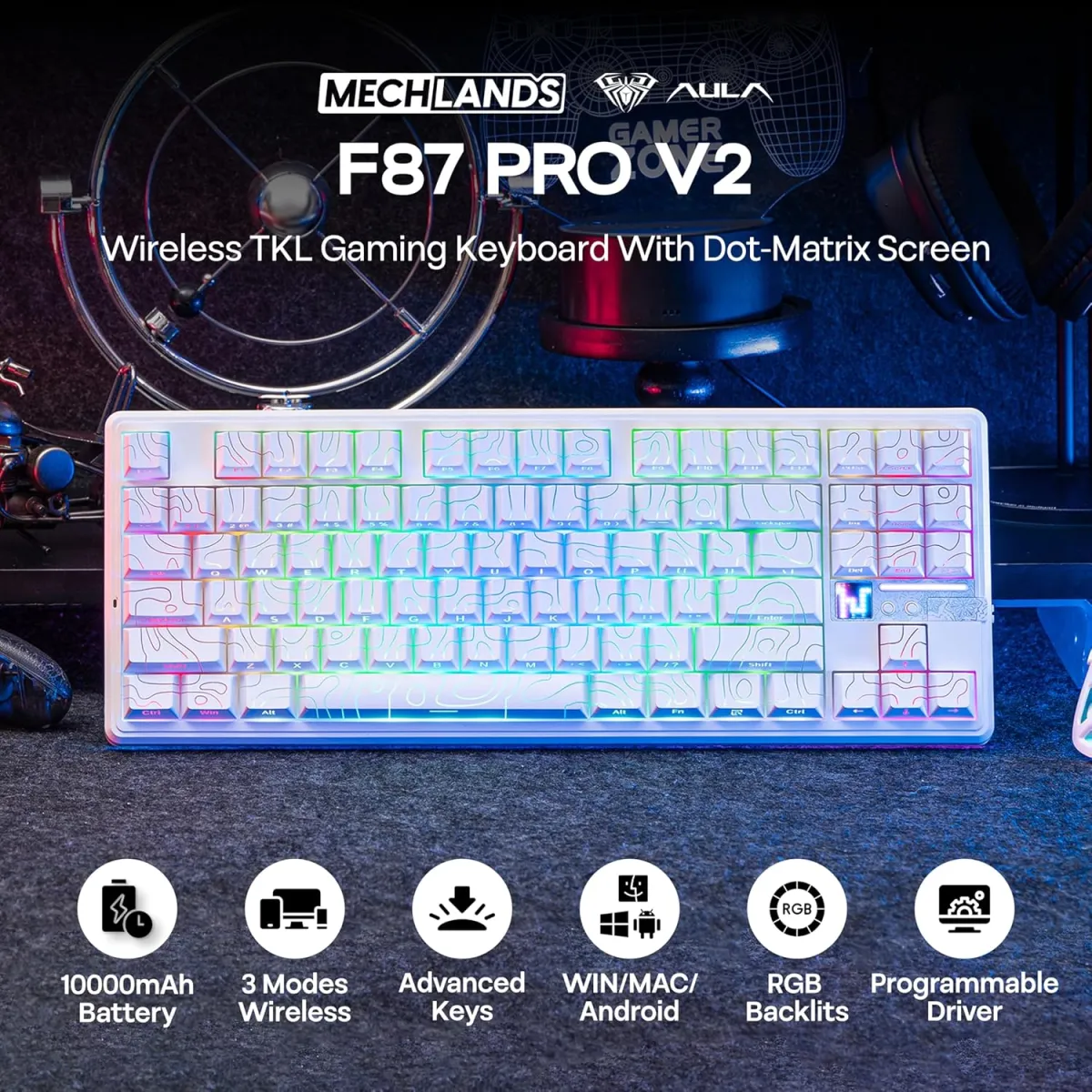 AULA F87 Pro V2 TKL Gasket (White Contours with RGB) Mounted Wireless Gaming Keyboard price in Pakistan product image
