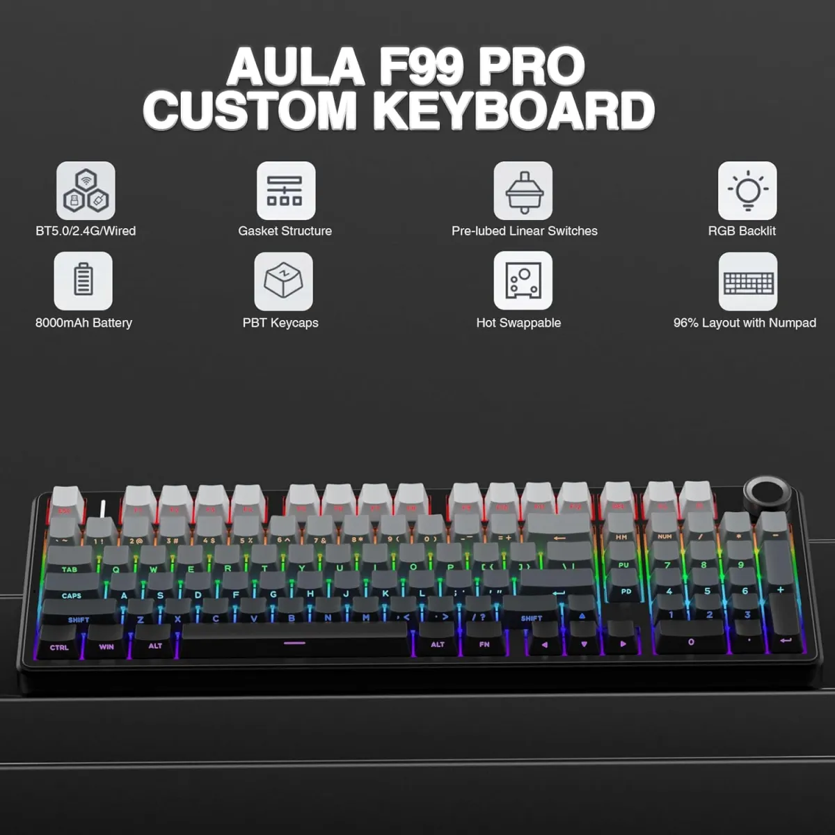 AULA F99 PRO Gasket (Gradient Gray) Mounted Tri-Mode Mechanical Keyboard price in Pakistan product image