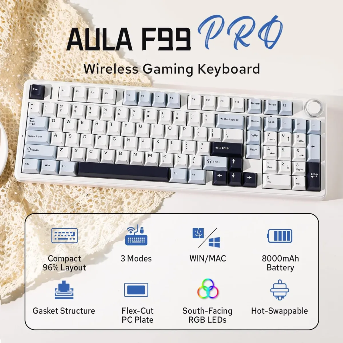 AULA F99 PRO Gasket (White Blue & Black with RGB) Mounted Tri-Mode Mechanical Keyboard price in Pakistan product image
