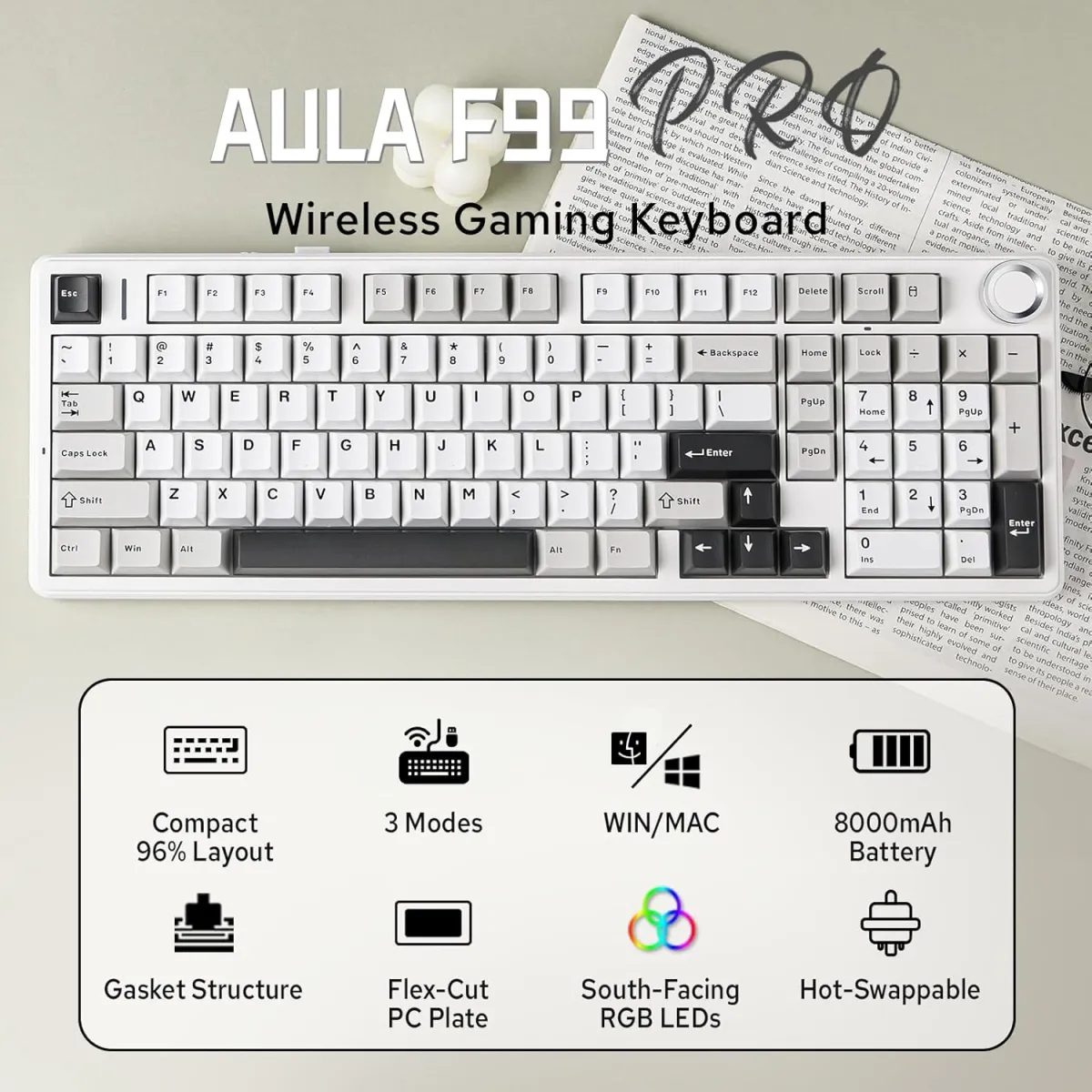 AULA F99 PRO Gasket (White Grey & Dark Grey with RGB) Mounted Tri-Mode Mechanical Keyboard price in Pakistan product image