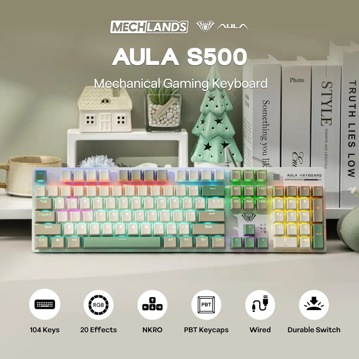AULA S500 (White & Green with RGB) Brown Switches Wired Mechanical Keyboard price in Pakistan product image