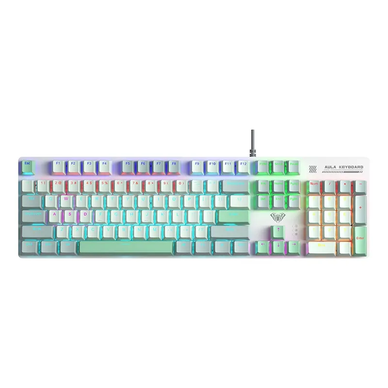 AULA pc gear AULA S500 (White & Green with RGB) Brown Switches Wired Mechanical Keyboard front view