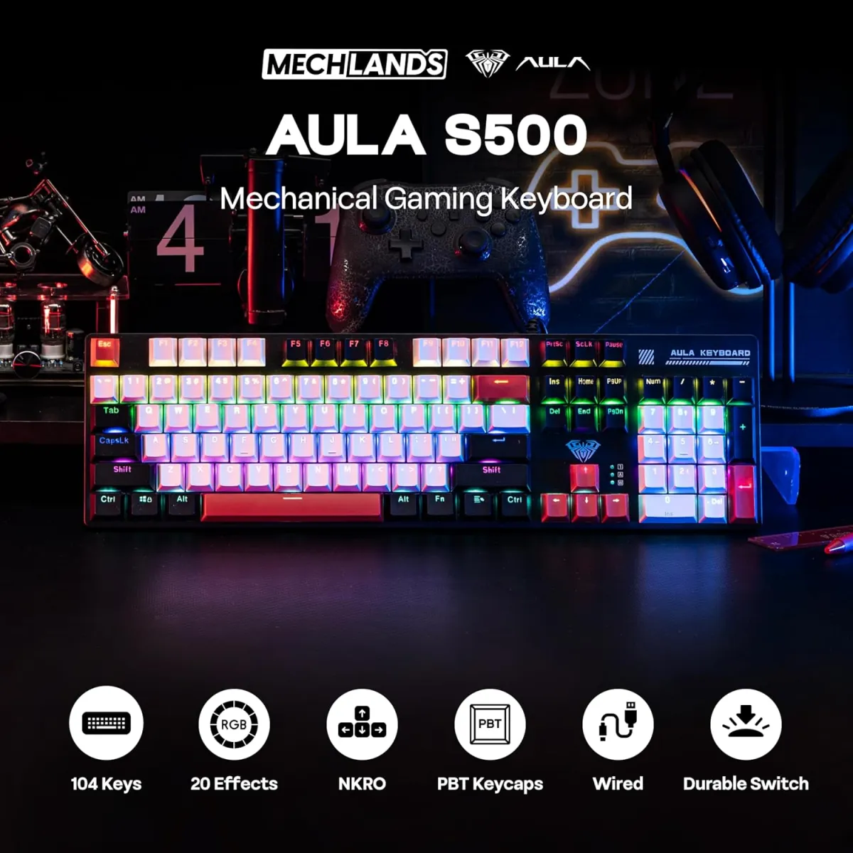 AULA S500 (Black ,White & Red with RGB) Red Switches Wired Mechanical Keyboard price in Pakistan product image