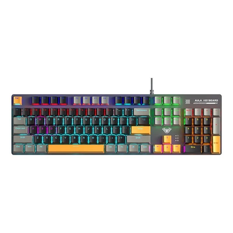AULA pc gear AULA S500 (Black, Gray & Yellow with RGB) Blue Switches Wired Mechanical Keyboard front view