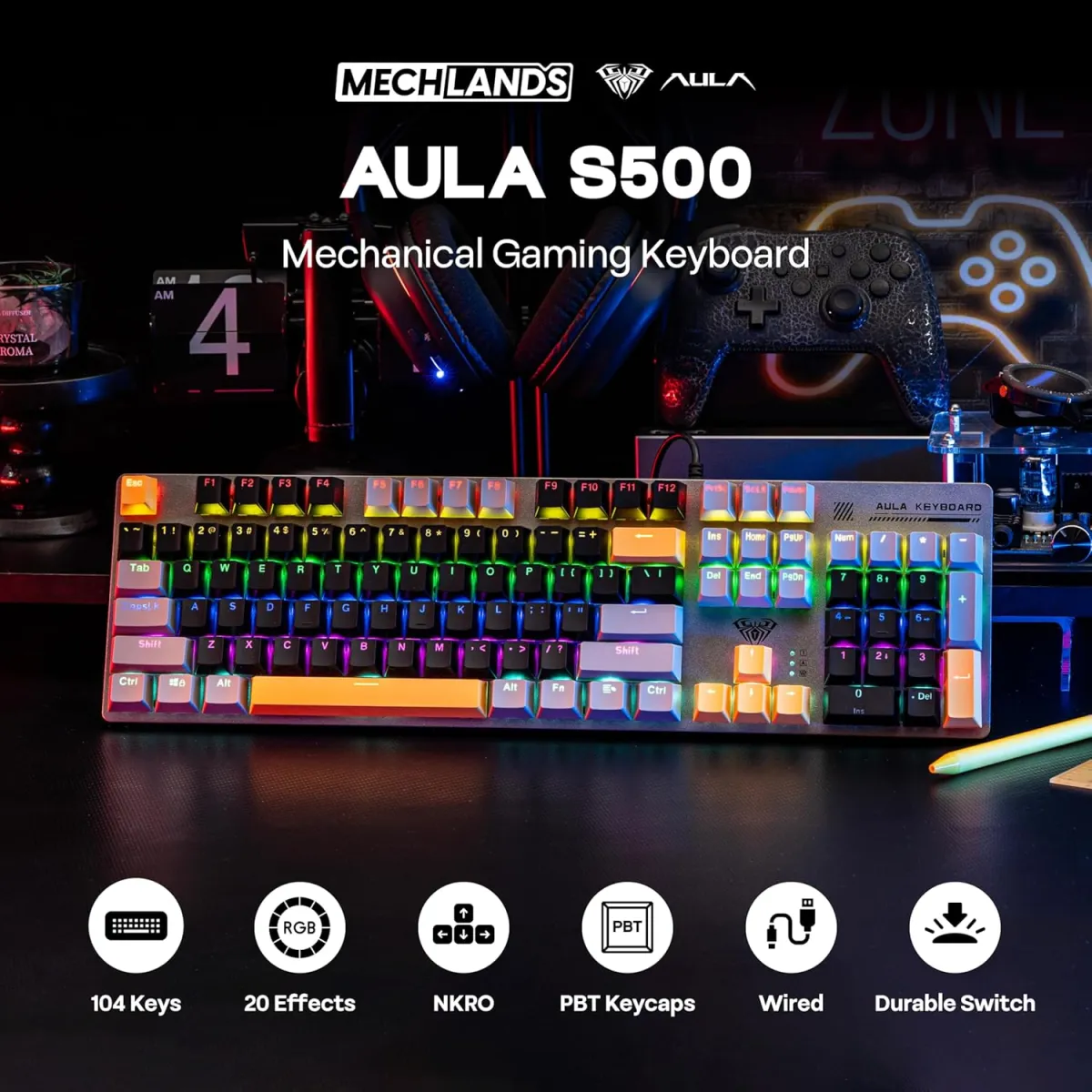 AULA S500 (Black, Gray & Yellow with RGB) Blue Switches Wired Mechanical Keyboard price in Pakistan product image
