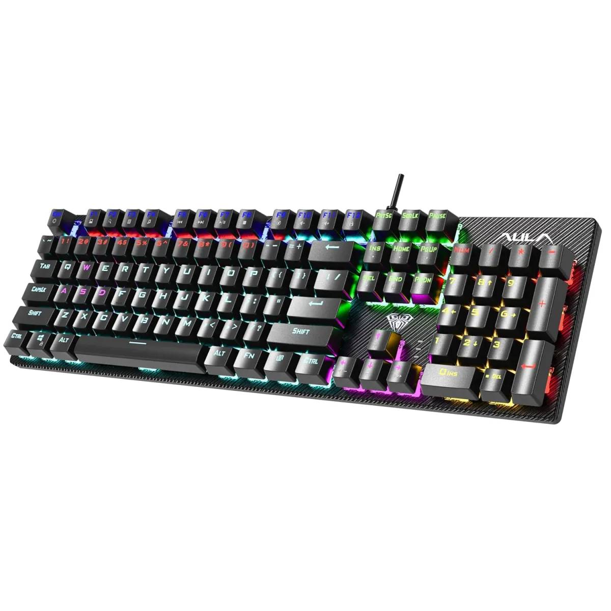 AULA pc gear AULA S2022 Pro (Black with Rainbow LED Backlit) Num Lock with Red Switches Wired Gaming Keyboard front view