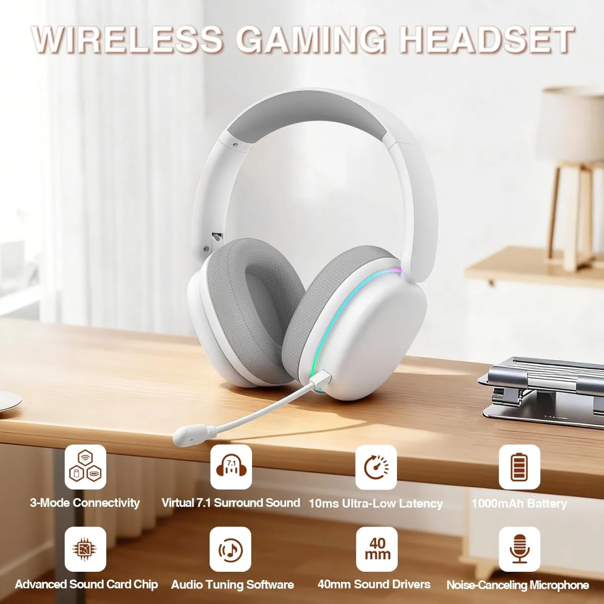 AULA G7 Pro (White with RGB) Noise-Canceling Mic Wing Wireless Gaming Headphone price in Pakistan product image