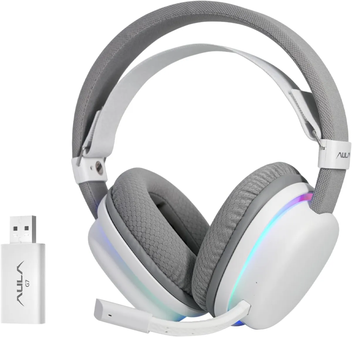 AULA audio AULA G7 (White with RGB) Noise-Canceling Mic Wing Wireless Gaming Headphone front view