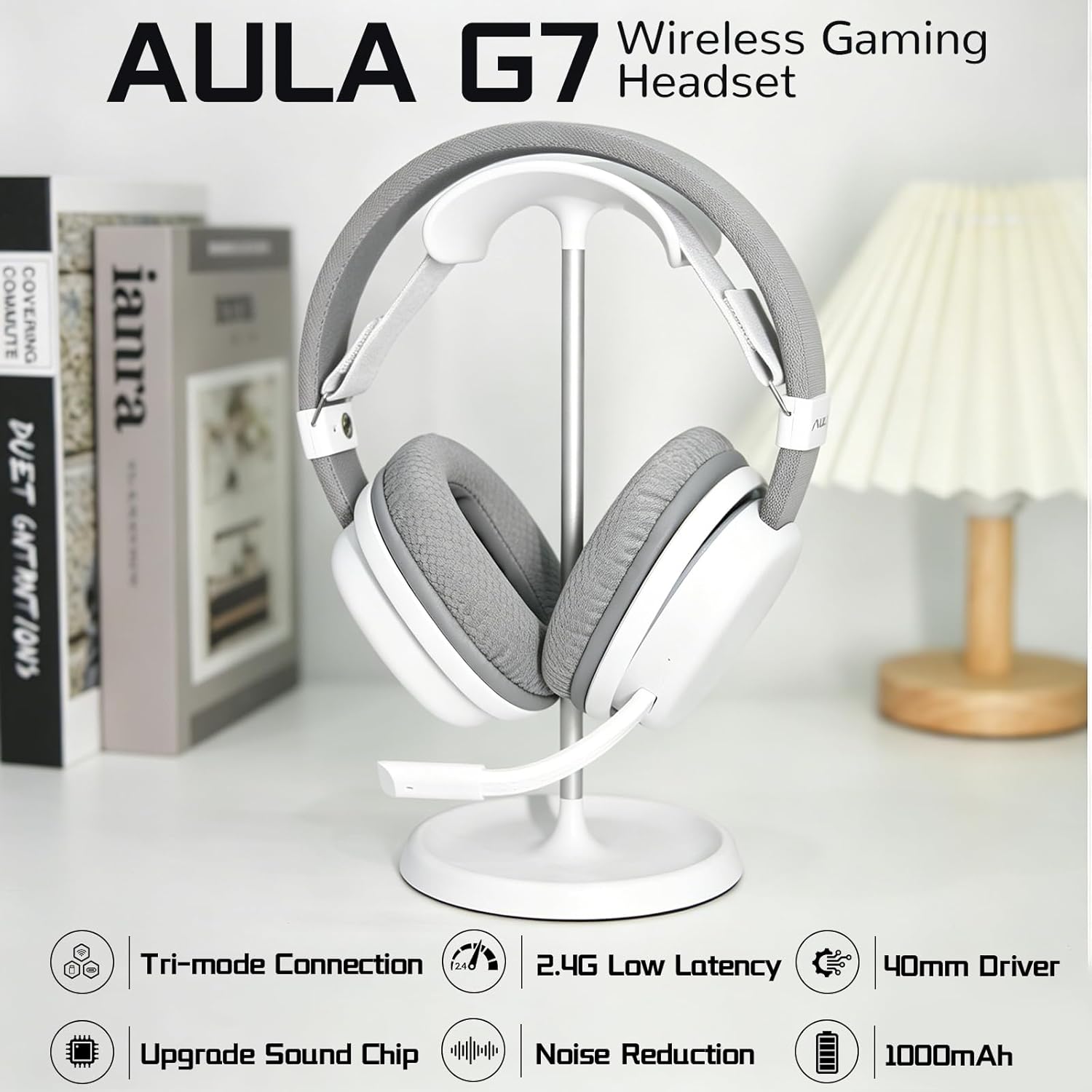 AULA G7 (White with RGB) Noise-Canceling Mic Wing Wireless Gaming Headphone